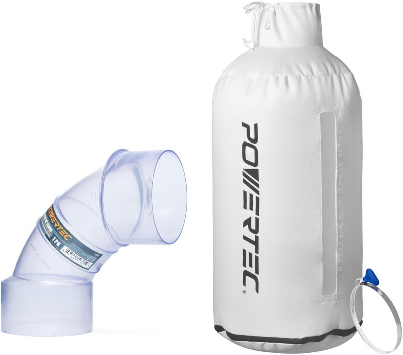 POWERTEC 70474 4 بوصة ID/OD 90 درجة كوع وكيس جامع الغبار، فلتر 30 ميكرون مع مشبك خرطوم 4 بوصة وكوع، يناسب DEWALT DW735، DW734، WEN PL1326، PL1303 وأي آلة نجارة أخرى - Image 1